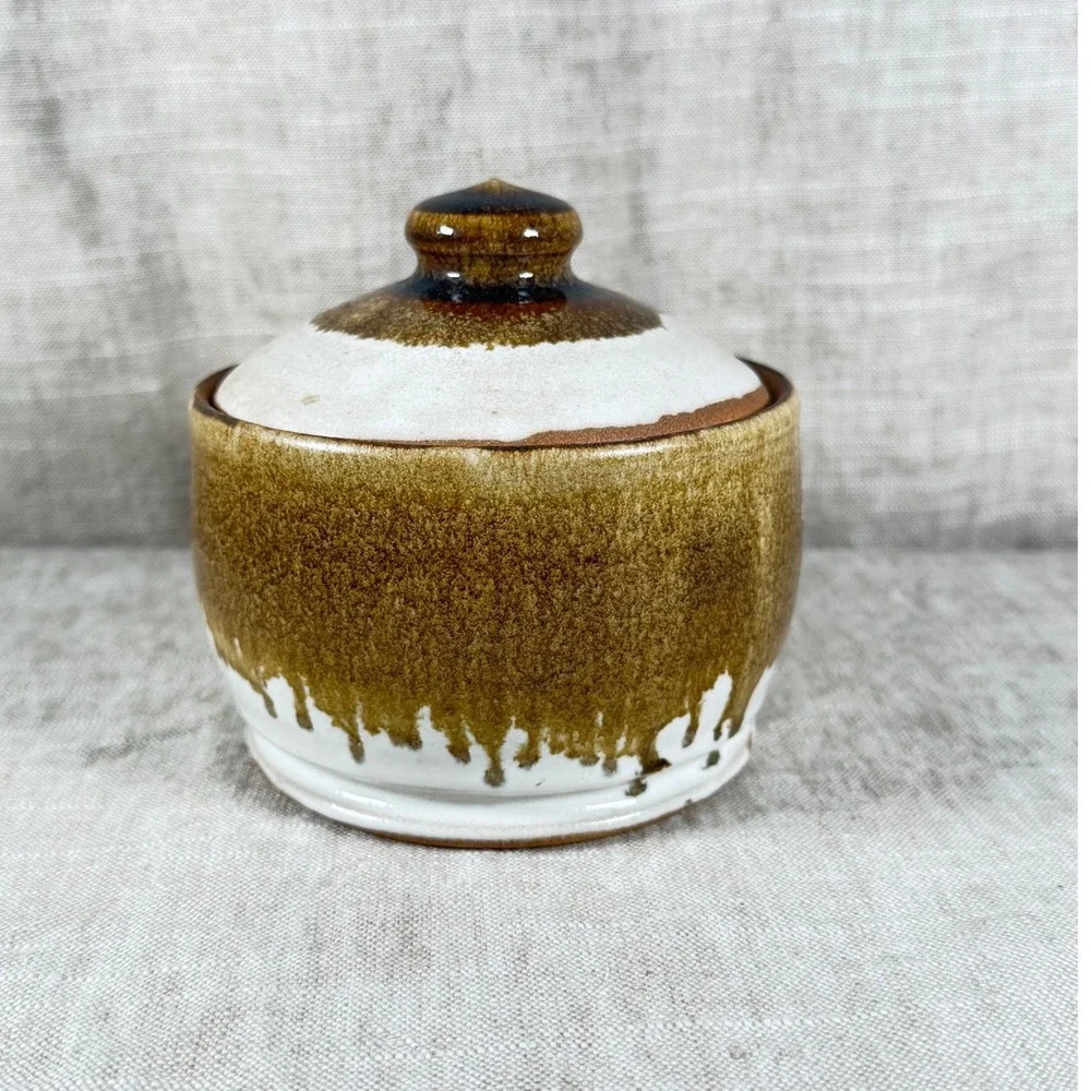 Jack Pott Studio Pottery Sugar Bowl Brown Good Vintage Drip Glaze Jar